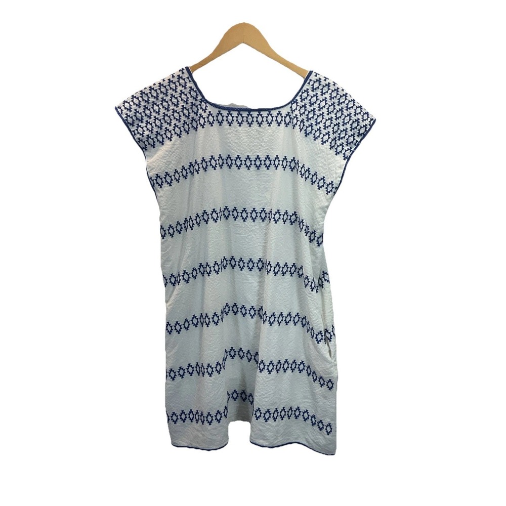 J.Marie White Blue Geometric‎ Embroidery Shift Dress Size S Beach Summer Cruise